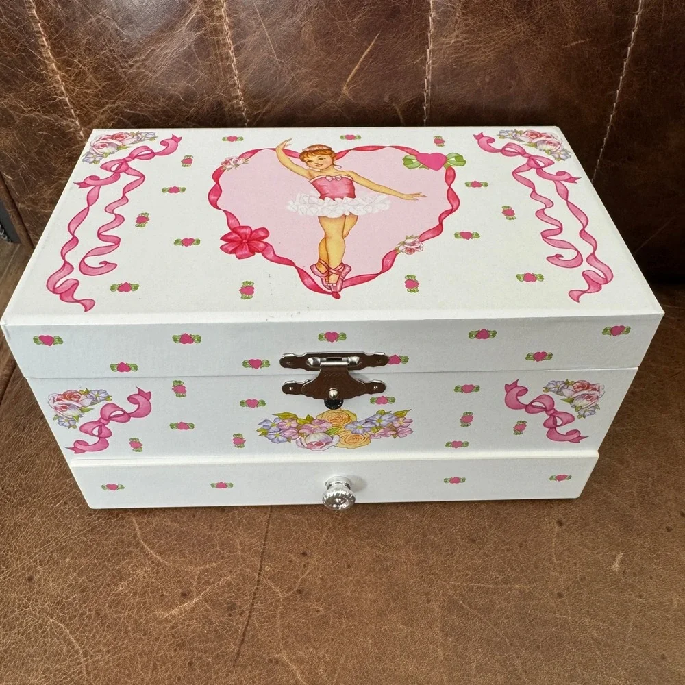 Ballerina Musical Jewelry Box White Pink Floral Vintage Style with Drawer Mirror